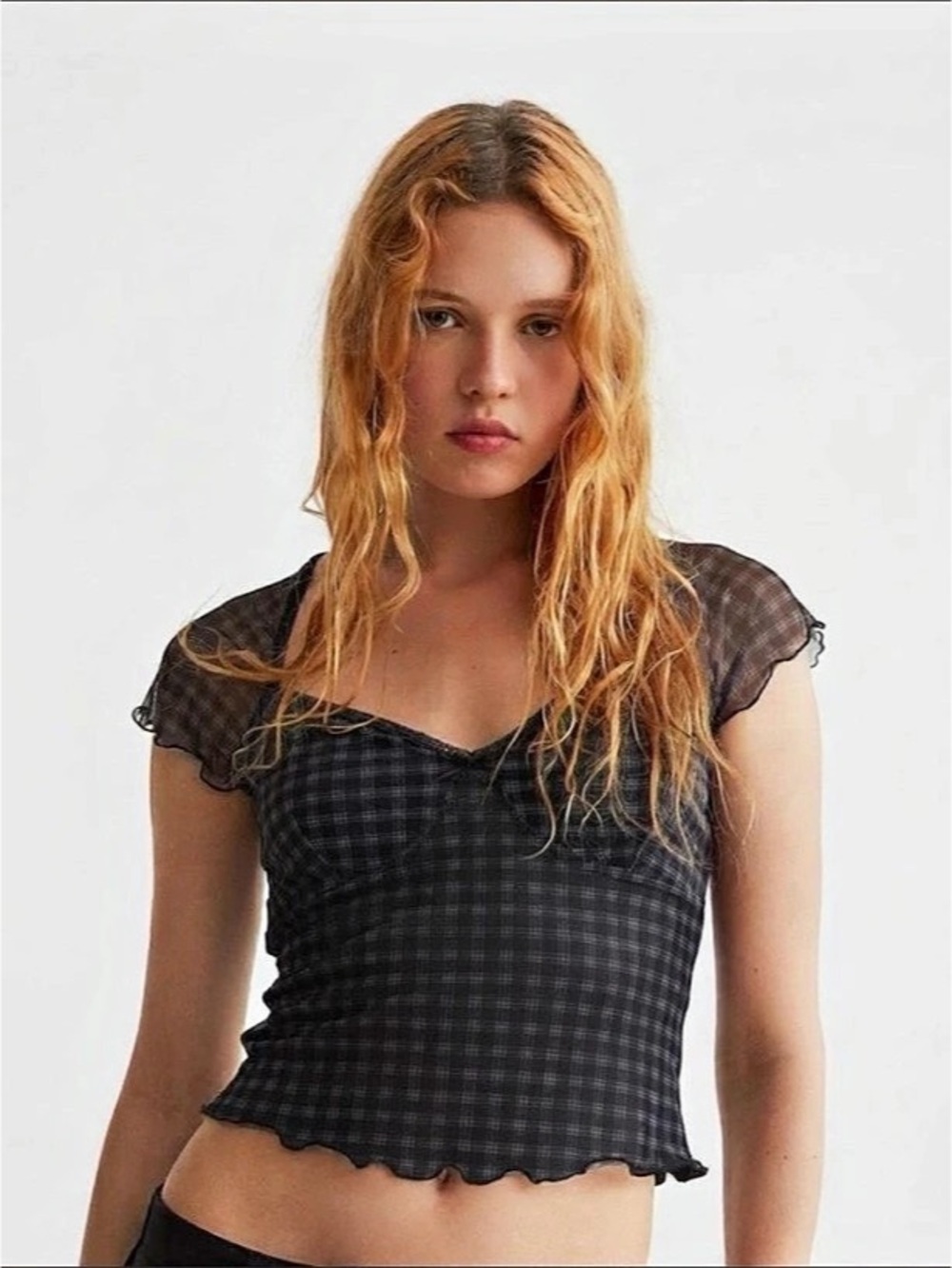Plaid Tank Top Gingham Short Sleeve Top with Ruffle Hem and Mesh Cap Sleeve